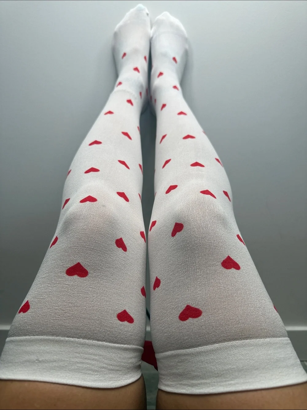 White Thigh-High Socks with Red Heart Pattern and Red Bows on back
